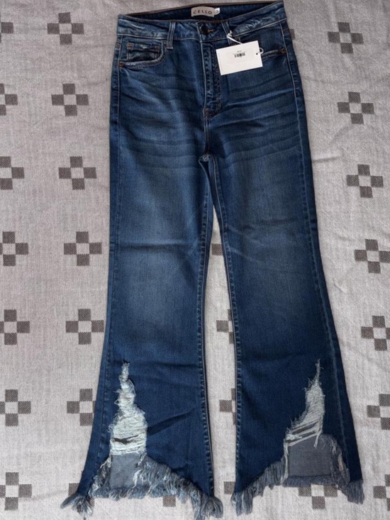 Cello Denim - Cello Dark Blue Distressed Flare Jeans with Frayed Hem 7